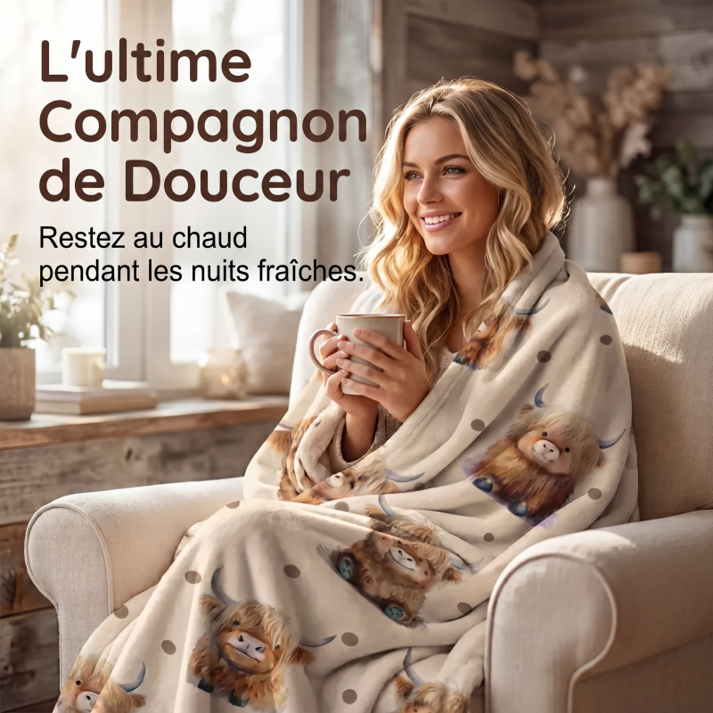 🐮 Couverture en flanelle imprimé vache Highland – Douceur premium comme un nuage, légère et chaude – 4 tailles disponibles – Idéale pour canapé, chambre ou voyage 🛋️✨