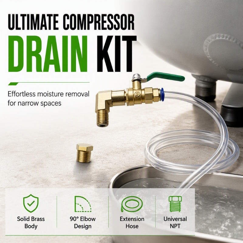 🔧 -50% ! 💨 Kit de Vanne de Vidange pour Compresseur d’Air Universel – Laiton + PVC – Coude 90° – Tuyau 0,5 m / 1,5 m – Levier Ergonomique Vert 🛠️