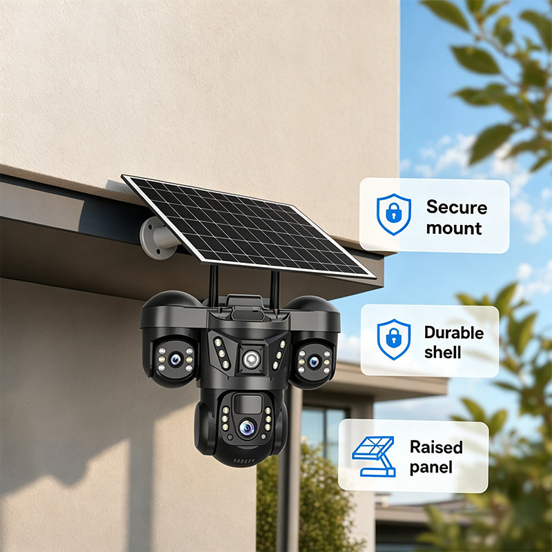 📹🔆 Caméra de sécurité solaire triple objectif – WiFi 2,4 GHz, IP67, surveillance extérieure 24h/24, un gardien autonome qui couvre chaque angle de votre maison, sans fil et sans abonnement 🏠🛡️