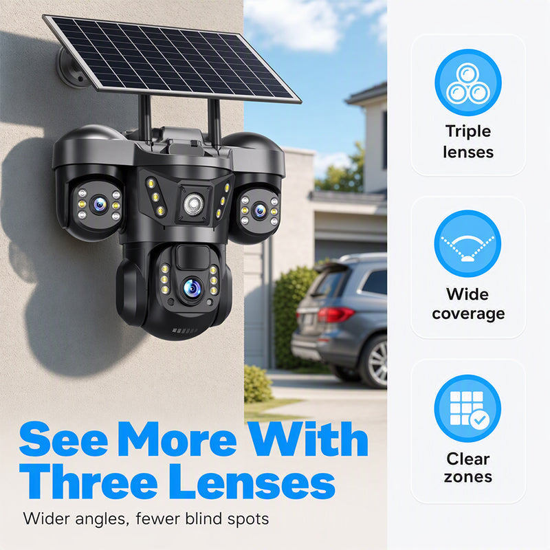 📹🔆 Caméra de sécurité solaire triple objectif – WiFi 2,4 GHz, IP67, surveillance extérieure 24h/24, un gardien autonome qui couvre chaque angle de votre maison, sans fil et sans abonnement 🏠🛡️