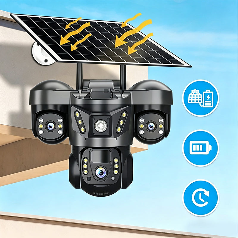 📹🔆 Caméra de sécurité solaire triple objectif – WiFi 2,4 GHz, IP67, surveillance extérieure 24h/24, un gardien autonome qui couvre chaque angle de votre maison, sans fil et sans abonnement 🏠🛡️