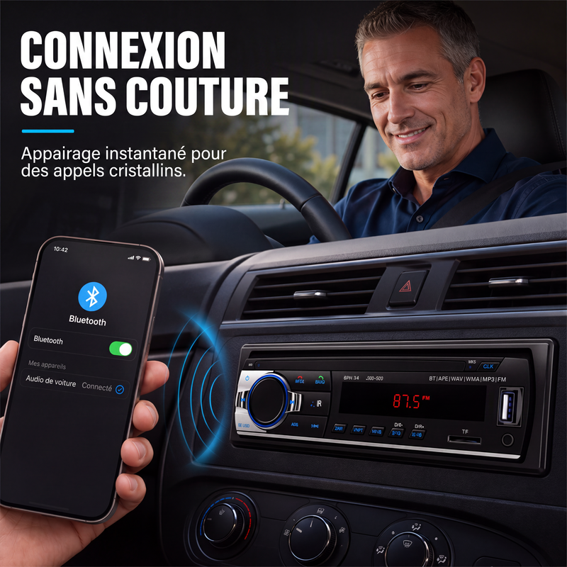 🎵🚗 Autoradio Bluetooth 5.0 – Double USB, son haute qualité, appels mains libres, votre musique et vos conversations en toute clarté, pour une conduite plus sûre et plus agréable 📻✨
