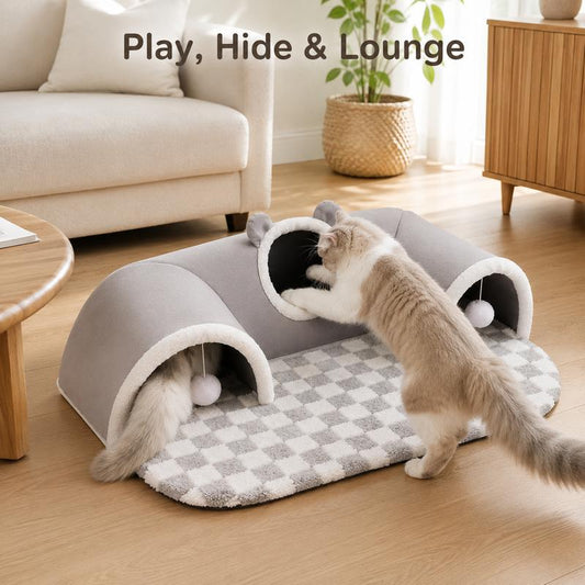 🐱🕳️ Tunnel et lit 3-en-1 en peluche pour chat – Tapis carreaux, pompons interactifs, fermeture éclair, un espace complet pour jouer, se cacher et dormir, le paradis des chats d’intérieur 🌙💛