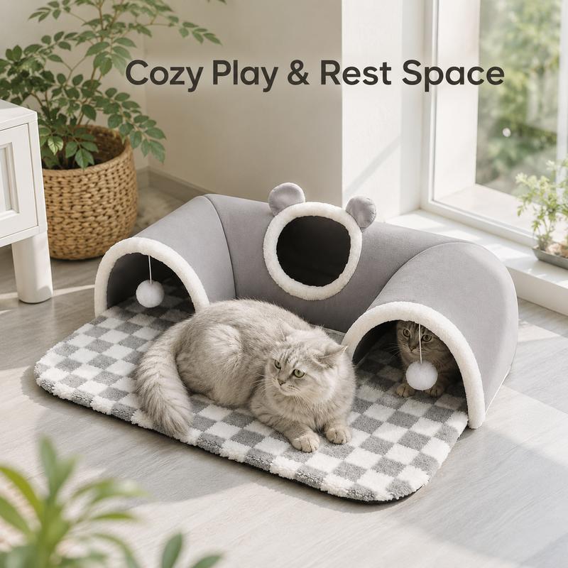 🐱🕳️ Tunnel et lit 3-en-1 en peluche pour chat – Tapis carreaux, pompons interactifs, fermeture éclair, un espace complet pour jouer, se cacher et dormir, le paradis des chats d’intérieur 🌙💛