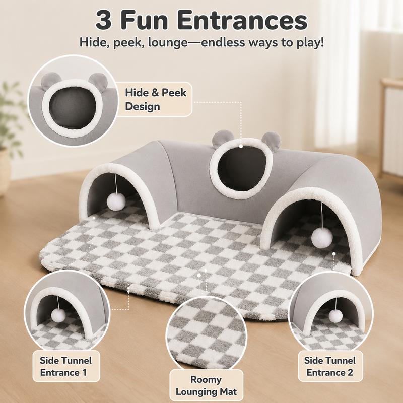 🐱🕳️ Tunnel et lit 3-en-1 en peluche pour chat – Tapis carreaux, pompons interactifs, fermeture éclair, un espace complet pour jouer, se cacher et dormir, le paradis des chats d’intérieur 🌙💛