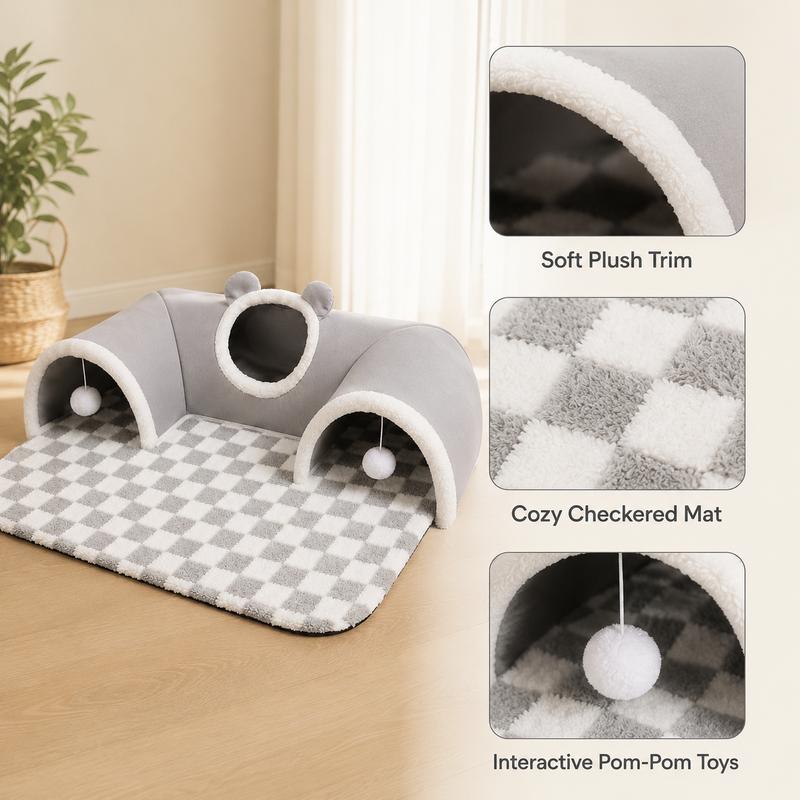 🐱🕳️ Tunnel et lit 3-en-1 en peluche pour chat – Tapis carreaux, pompons interactifs, fermeture éclair, un espace complet pour jouer, se cacher et dormir, le paradis des chats d’intérieur 🌙💛