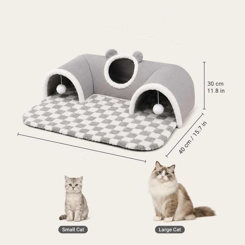 🐱🕳️ Tunnel et lit 3-en-1 en peluche pour chat – Tapis carreaux, pompons interactifs, fermeture éclair, un espace complet pour jouer, se cacher et dormir, le paradis des chats d’intérieur 🌙💛