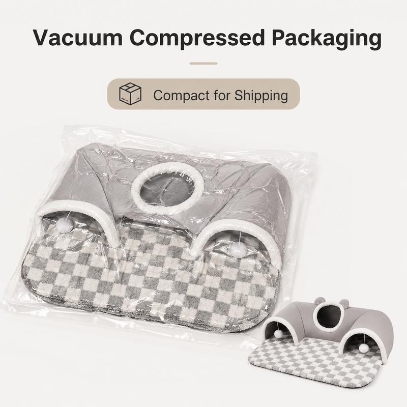 🐱🕳️ Tunnel et lit 3-en-1 en peluche pour chat – Tapis carreaux, pompons interactifs, fermeture éclair, un espace complet pour jouer, se cacher et dormir, le paradis des chats d’intérieur 🌙💛