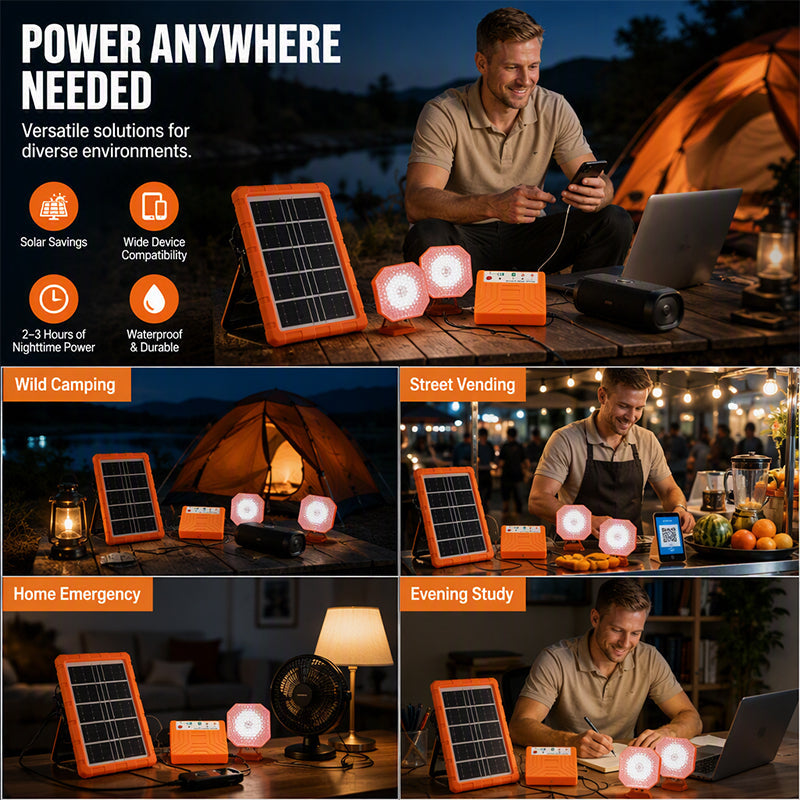 ☀️🔋 Système d'énergie solaire portable – Générateur solaire USB/Type-C avec 2 lampes LED