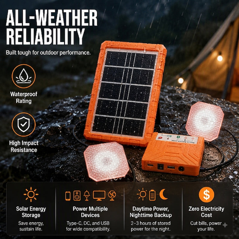 ☀️🔋 Système d'énergie solaire portable – Générateur solaire USB/Type-C avec 2 lampes LED