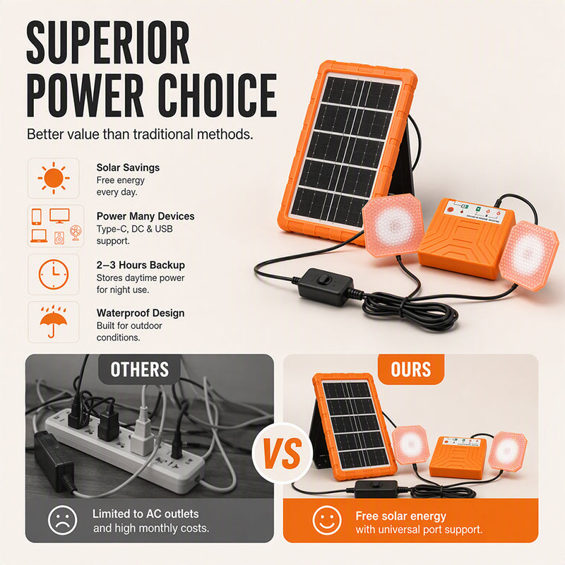 ☀️🔋 Système d'énergie solaire portable – Générateur solaire USB/Type-C avec 2 lampes LED