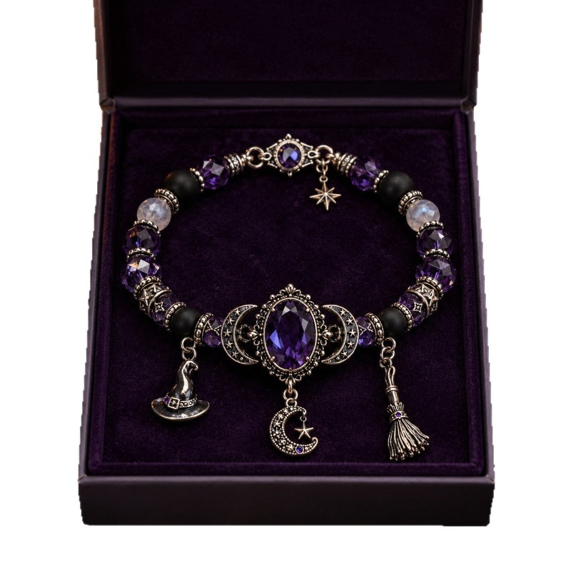 🏷️ PROMO –50 % ⏳ Bracelet Halloween – Perles en strass, charmes sorcière  – Thème violet élégant – Bande élastique durable – Taille ajustable – Idéal pour fêtes et tenues gothiques 🎃🔮✨