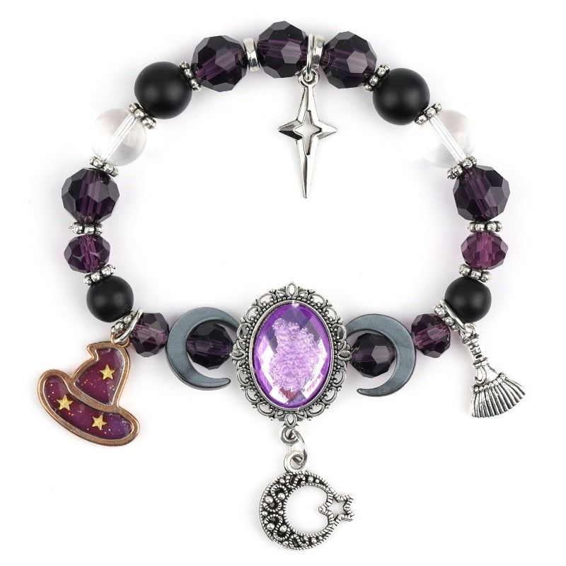 🏷️ PROMO –50 % ⏳ Bracelet Halloween – Perles en strass, charmes sorcière  – Thème violet élégant – Bande élastique durable – Taille ajustable – Idéal pour fêtes et tenues gothiques 🎃🔮✨