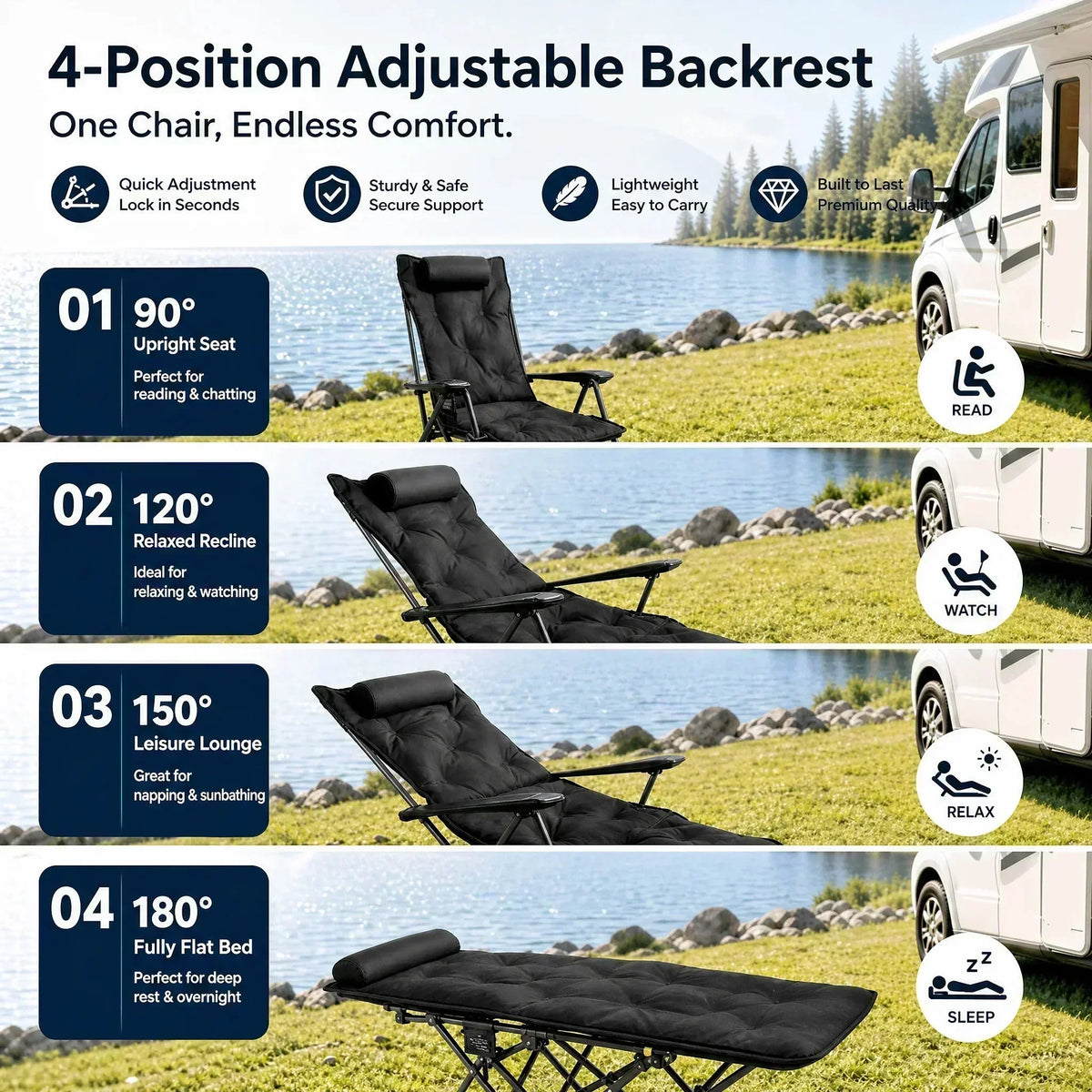 🪑 Fauteuil inclinable pliable à 4 positions + repose-jambes