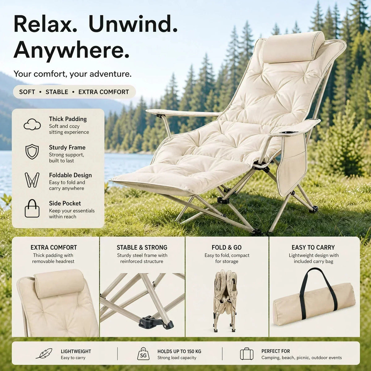 🪑 Fauteuil inclinable pliable à 4 positions + repose-jambes