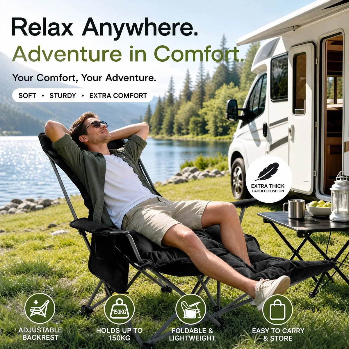 🪑 Fauteuil inclinable pliable à 4 positions + repose-jambes