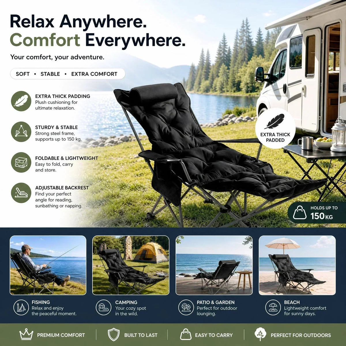 🪑 Fauteuil inclinable pliable à 4 positions + repose-jambes