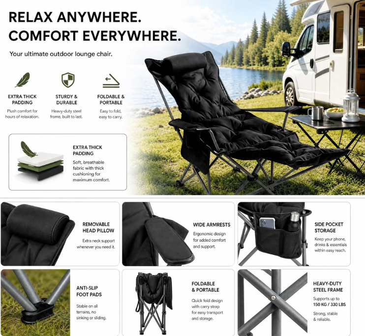 🪑 Fauteuil inclinable pliable à 4 positions + repose-jambes