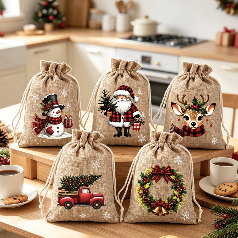 📢📢40 % DE RÉDUCTION !! ⏰ Sacs cadeaux Noël – Imprimés festifs, cordon & réutilisables ✨