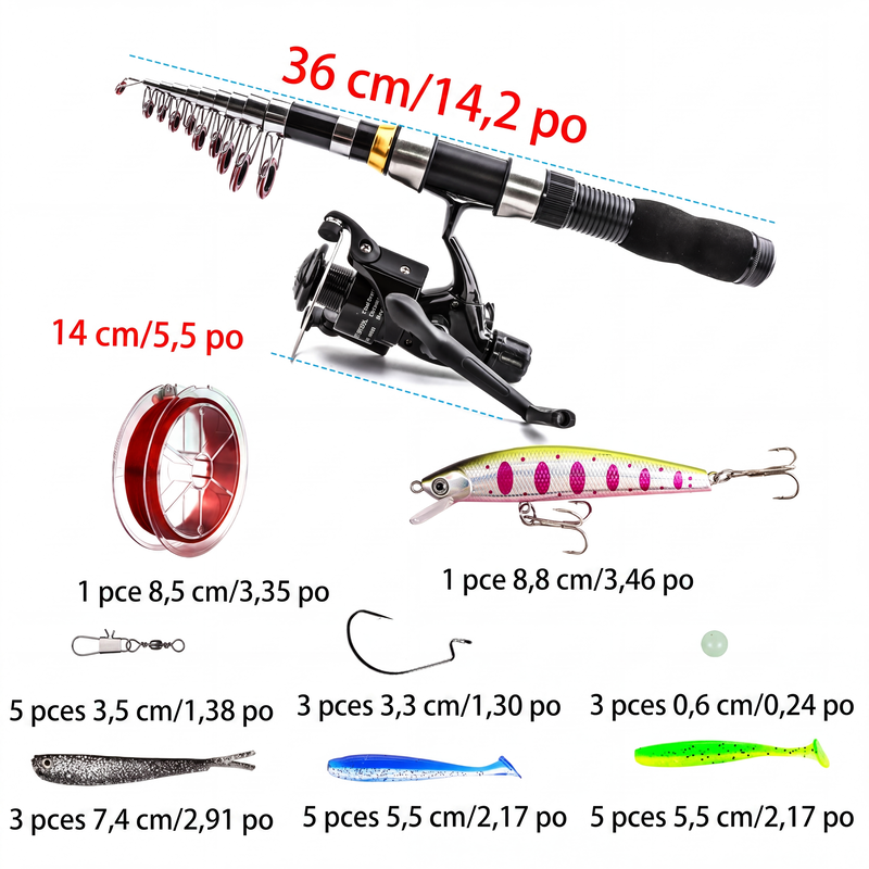 🎣🎒 -60% ! 🐟Kit de Pêche de Voyage – Équipement Complet, Canne Télescopique & Sac de Transport.