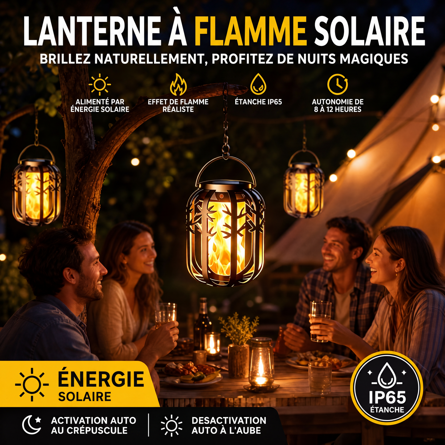 ☀️ Lanterne solaire à flamme vacillante – étanche et automatique – lumière chaude réaliste, parfaite pour les terrasses, les jardins ou les allées – aucun câble nécessaire 🌙