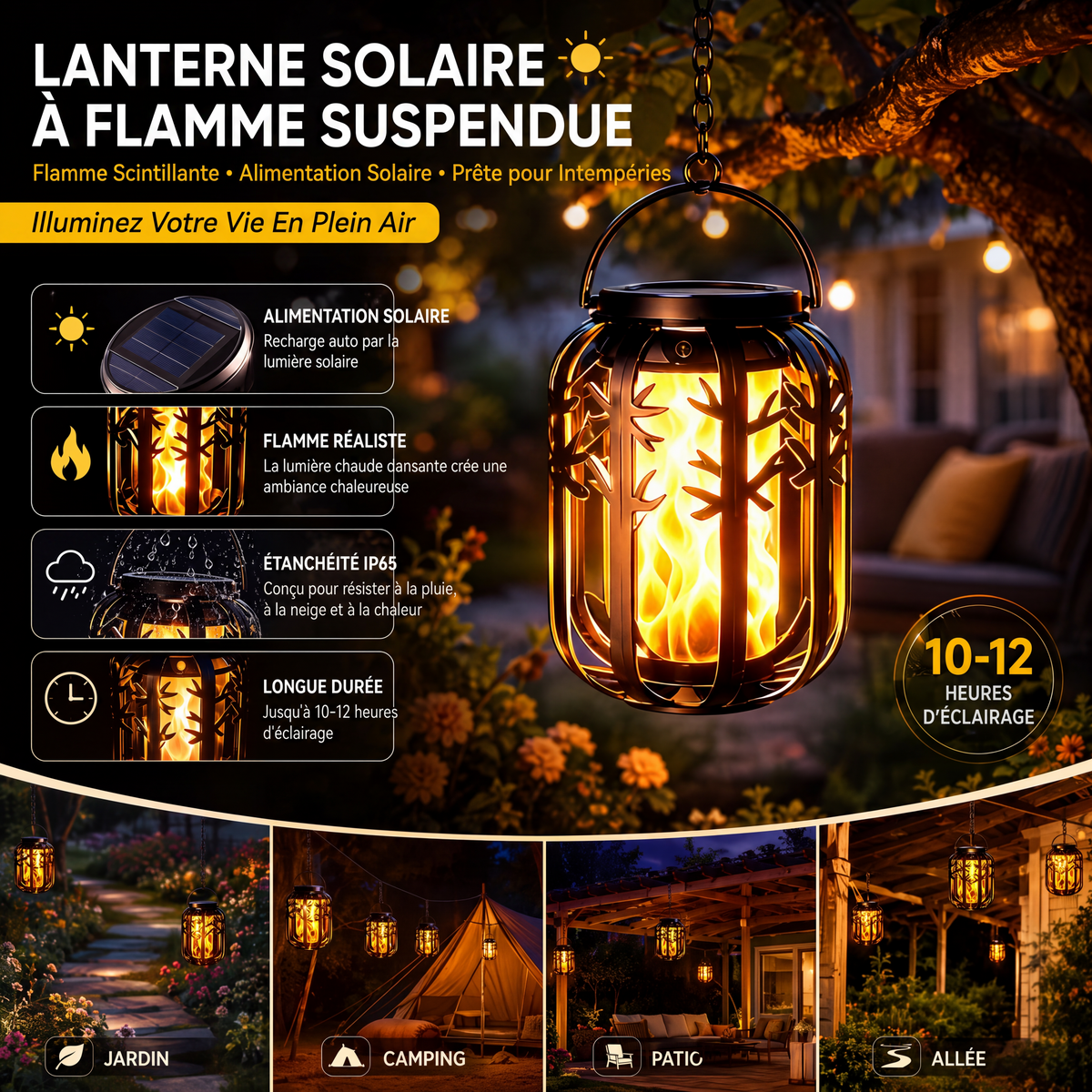 ☀️ Lanterne solaire à flamme vacillante – étanche et automatique – lumière chaude réaliste, parfaite pour les terrasses, les jardins ou les allées – aucun câble nécessaire 🌙