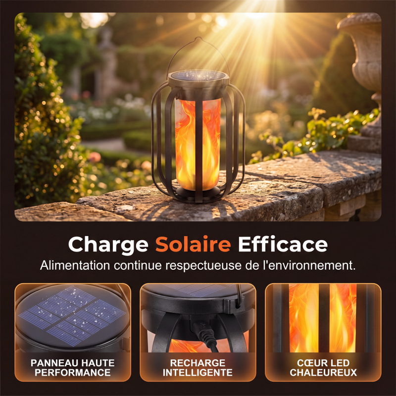 ☀️ Lanterne solaire à flamme vacillante – étanche et automatique – lumière chaude réaliste, parfaite pour les terrasses, les jardins ou les allées – aucun câble nécessaire 🌙