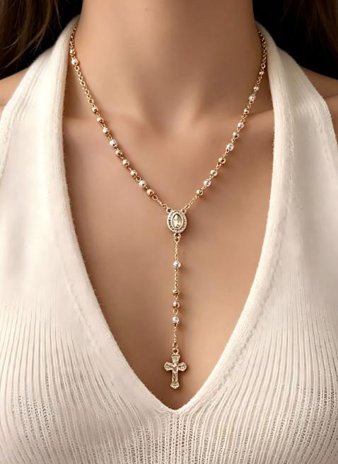✝️ PROMO FLASH : 50% DE RÉDUCTION ! Collier Chapelet avec Croix et Perles – Motif Vierge Marie & Finition Dorée for Un Élégant Accessoire Intemporel ✨📿