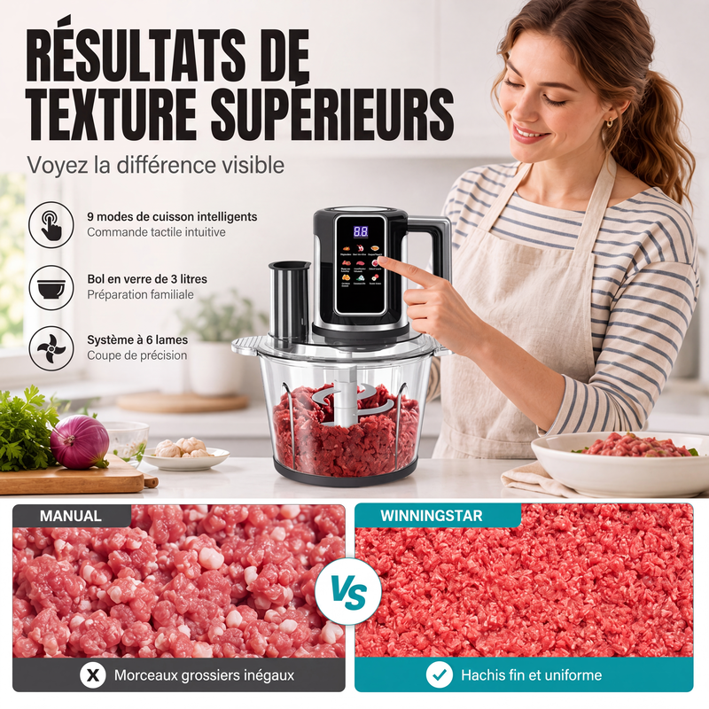 Robot culinaire multifonction avec commande tactile et bol en verre