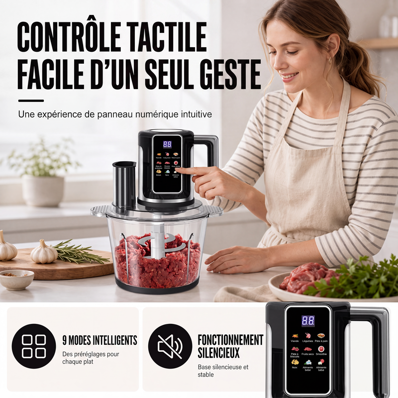 Robot culinaire multifonction avec commande tactile et bol en verre