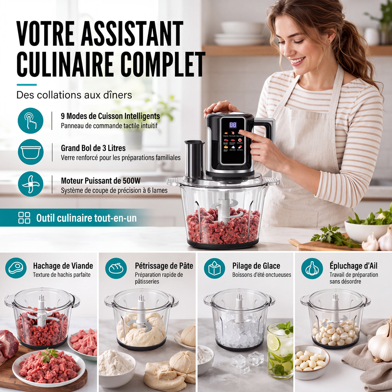 Robot culinaire multifonction avec commande tactile et bol en verre