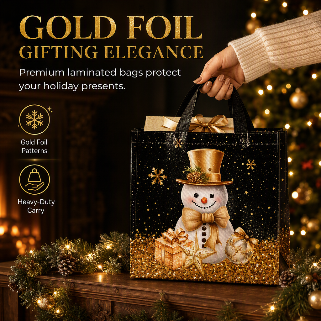 🎉 Soldes 2026 — Plus de 12 000 vendus !🎄 Sac Cadeau de Noël en Non-Tissé Noir – Détails Dorure Or Réutilisable ✨