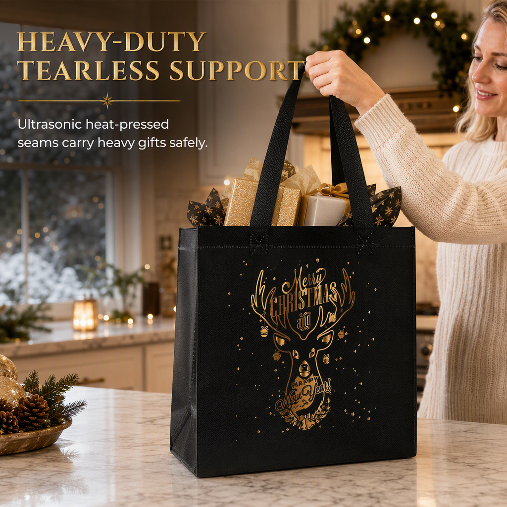 🎉 Soldes 2026 — Plus de 12 000 vendus !🎄 Sac Cadeau de Noël en Non-Tissé Noir – Détails Dorure Or Réutilisable ✨