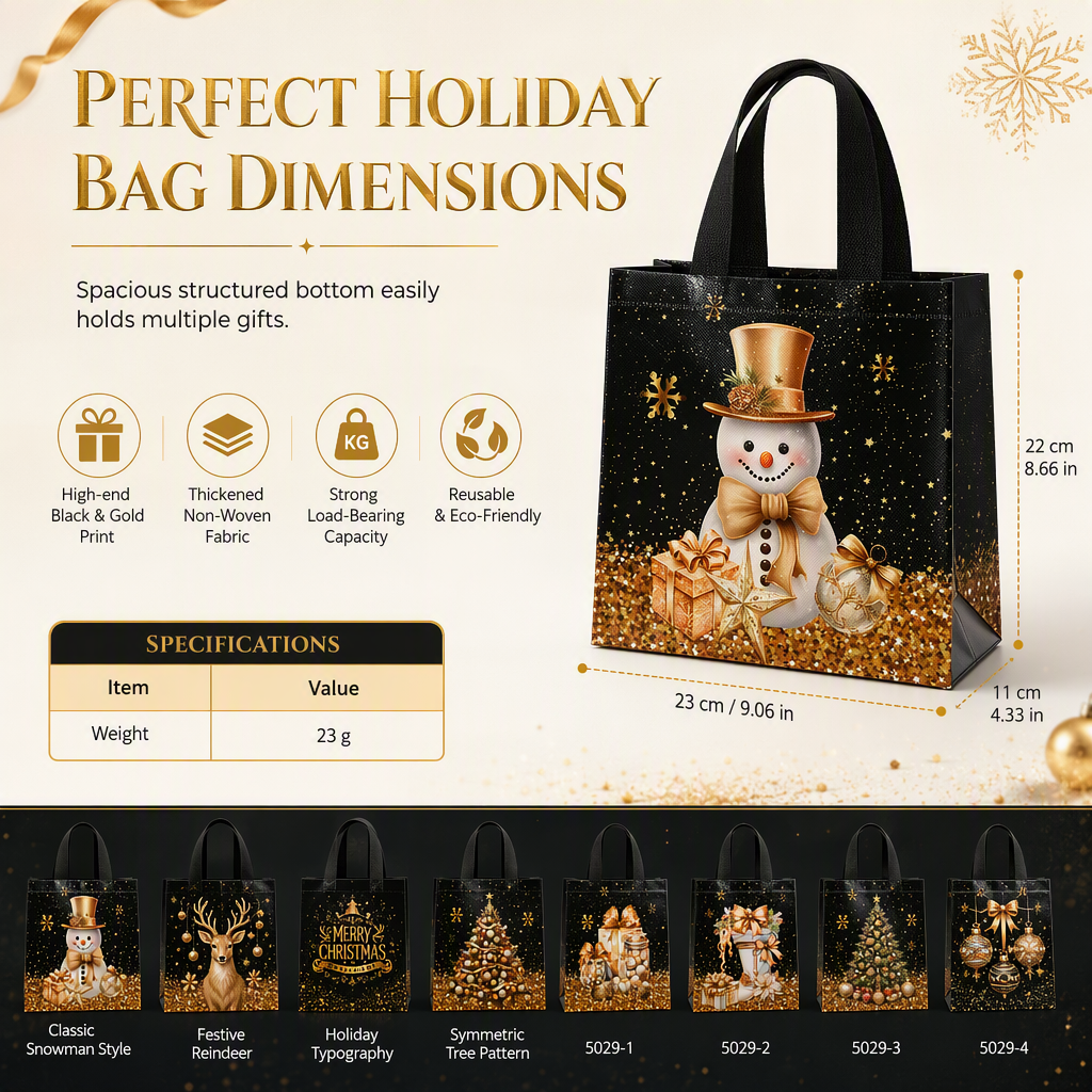 🎉 Soldes 2026 — Plus de 12 000 vendus !🎄 Sac Cadeau de Noël en Non-Tissé Noir – Détails Dorure Or Réutilisable ✨