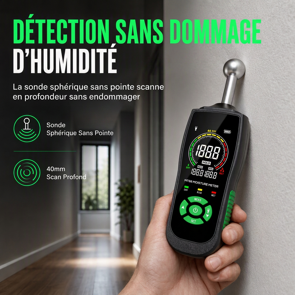 MT68 Humidimètre à capteur sphérique sans broche pour les tests d'humidité et de fuites sur enduits muraux, mastics, maçonneries et carrelages