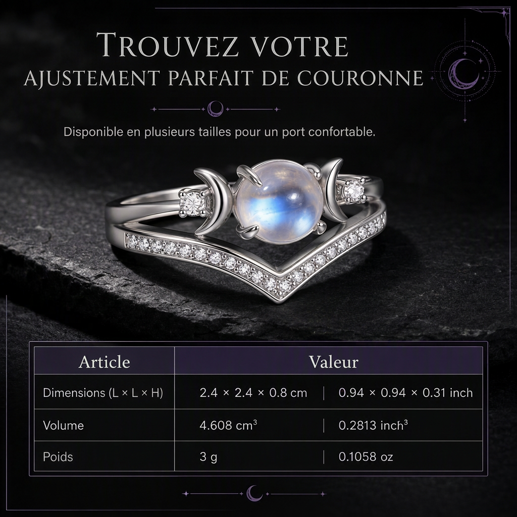🌙 -50 % ! ✨ Bague vintage gothique en pierre de lune croissant – finition platine, sertissage à griffes en forme de V, pavé brillant et confort ergonomique – élégance mystique pour tous les jours 💍