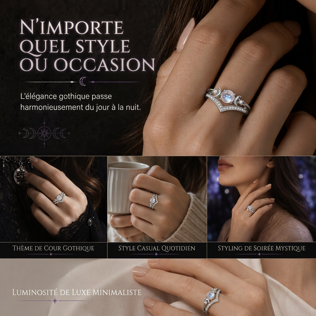 🌙 -50 % ! ✨ Bague vintage gothique en pierre de lune croissant – finition platine, sertissage à griffes en forme de V, pavé brillant et confort ergonomique – élégance mystique pour tous les jours 💍