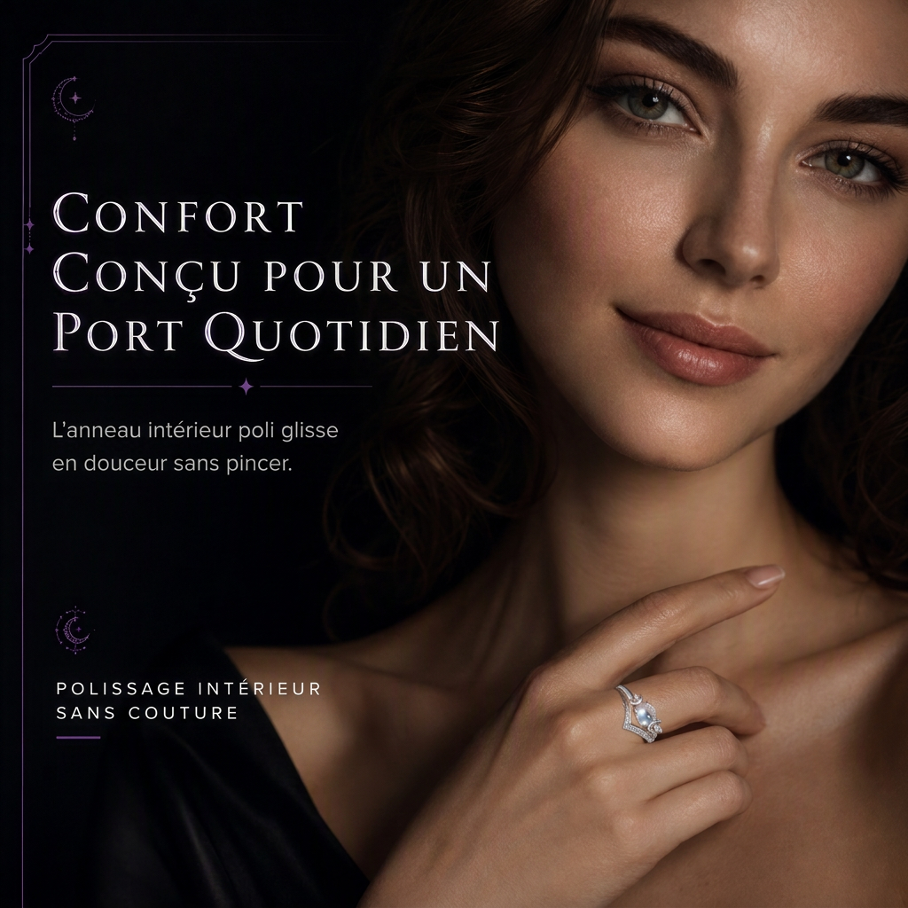🌙 -50 % ! ✨ Bague vintage gothique en pierre de lune croissant – finition platine, sertissage à griffes en forme de V, pavé brillant et confort ergonomique – élégance mystique pour tous les jours 💍
