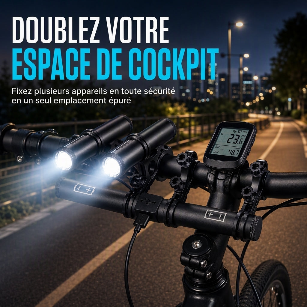 Support d'extension de guidon de vélo avec fonction de batterie externe USB et support de lampe de poche pour vélo