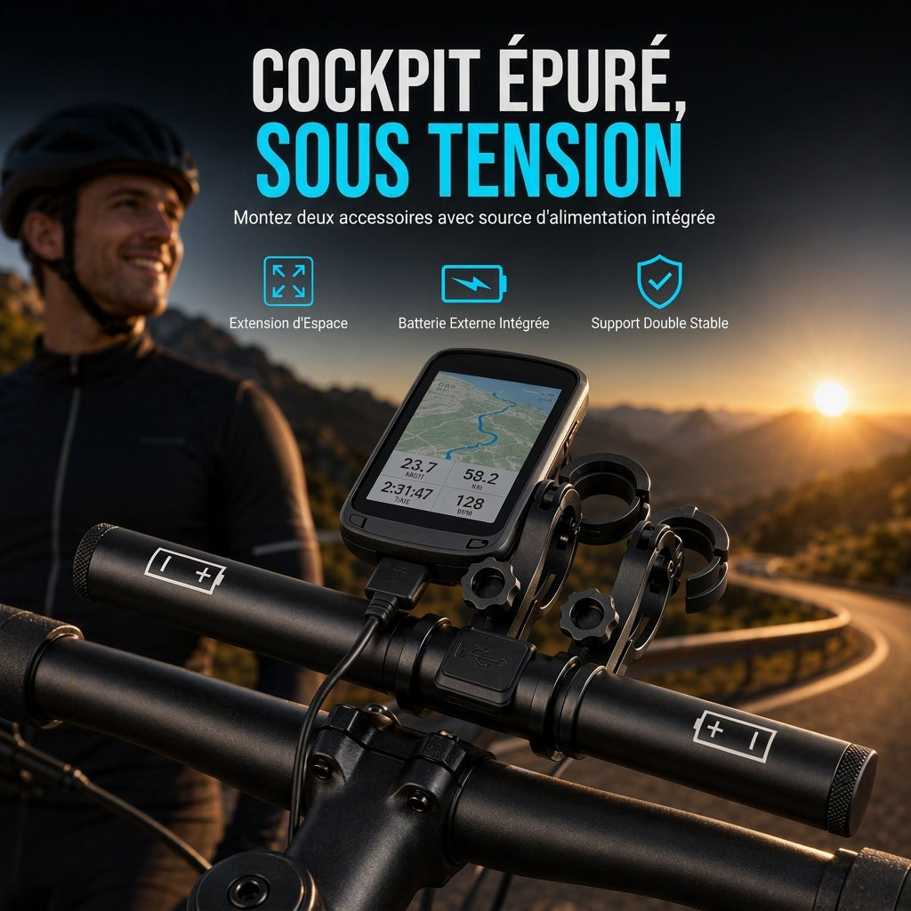 Support d'extension de guidon de vélo avec fonction de batterie externe USB et support de lampe de poche pour vélo