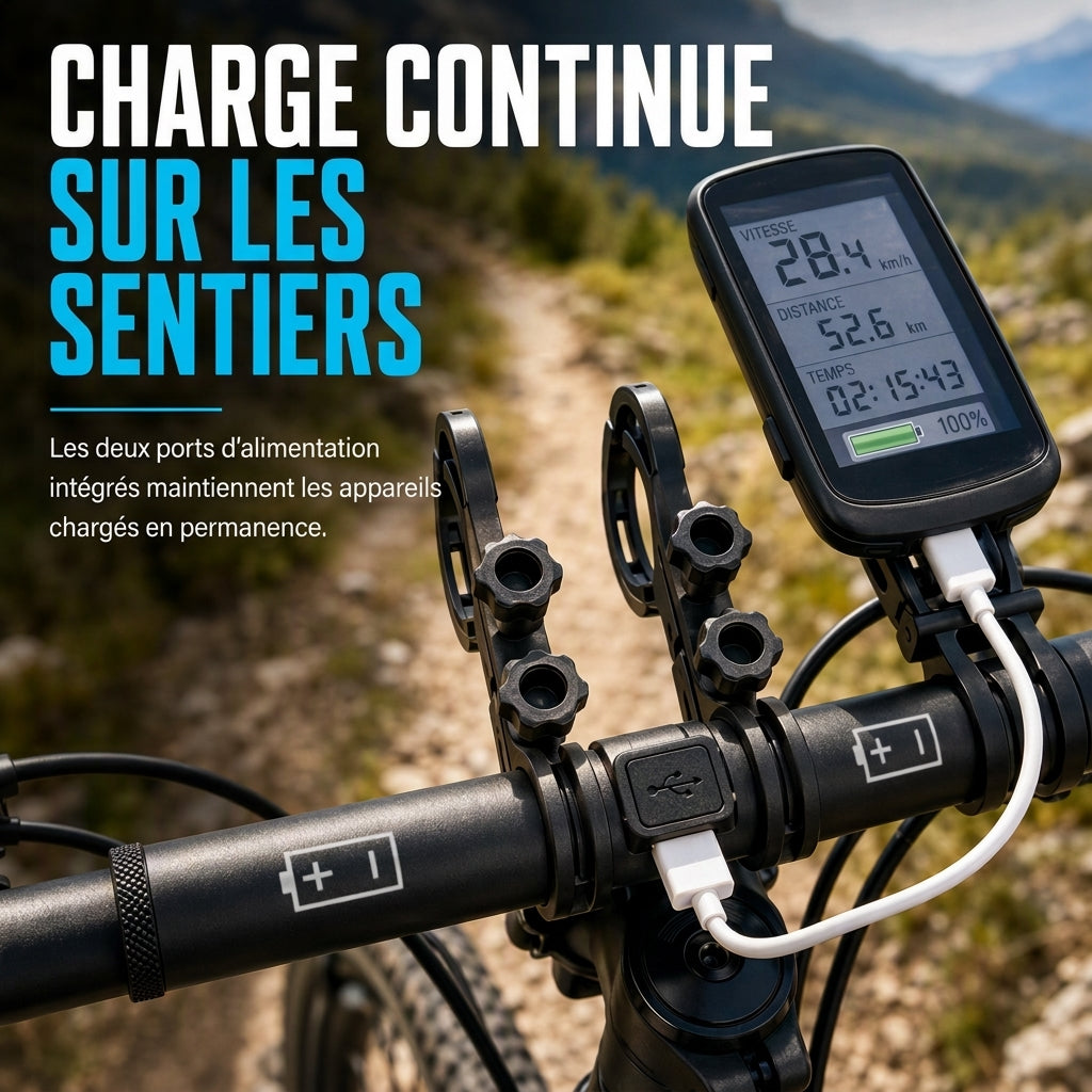 Support d'extension de guidon de vélo avec fonction de batterie externe USB et support de lampe de poche pour vélo