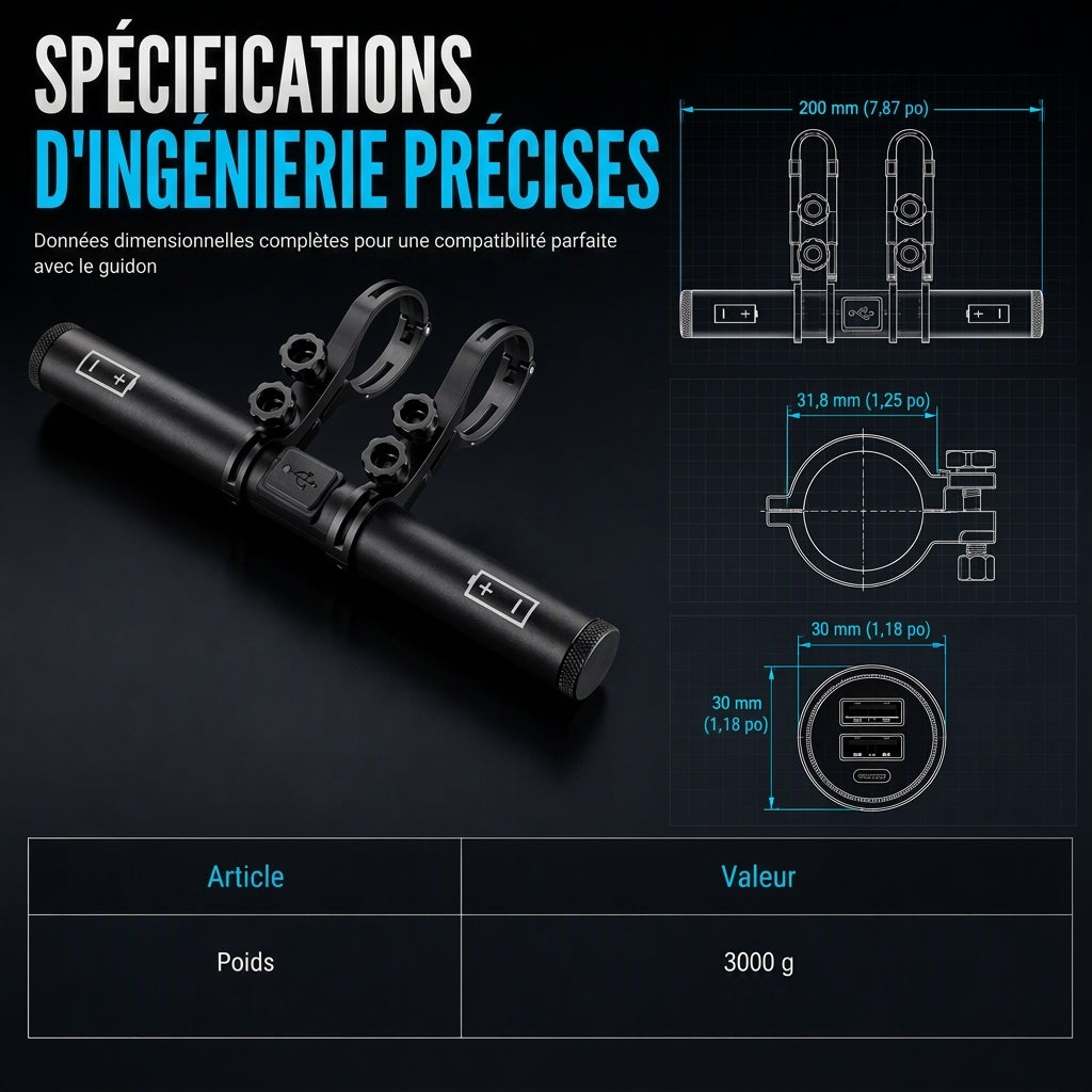 Support d'extension de guidon de vélo avec fonction de batterie externe USB et support de lampe de poche pour vélo