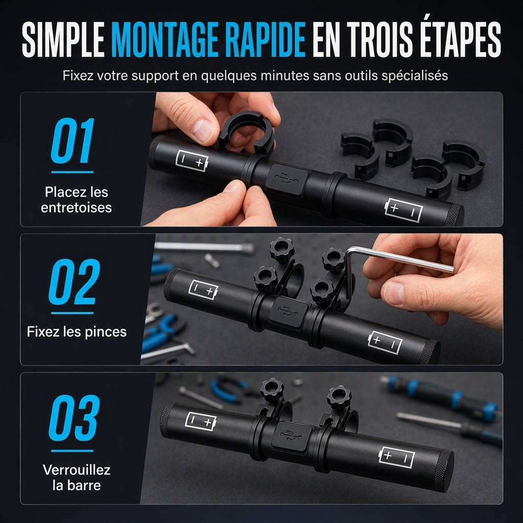 Support d'extension de guidon de vélo avec fonction de batterie externe USB et support de lampe de poche pour vélo