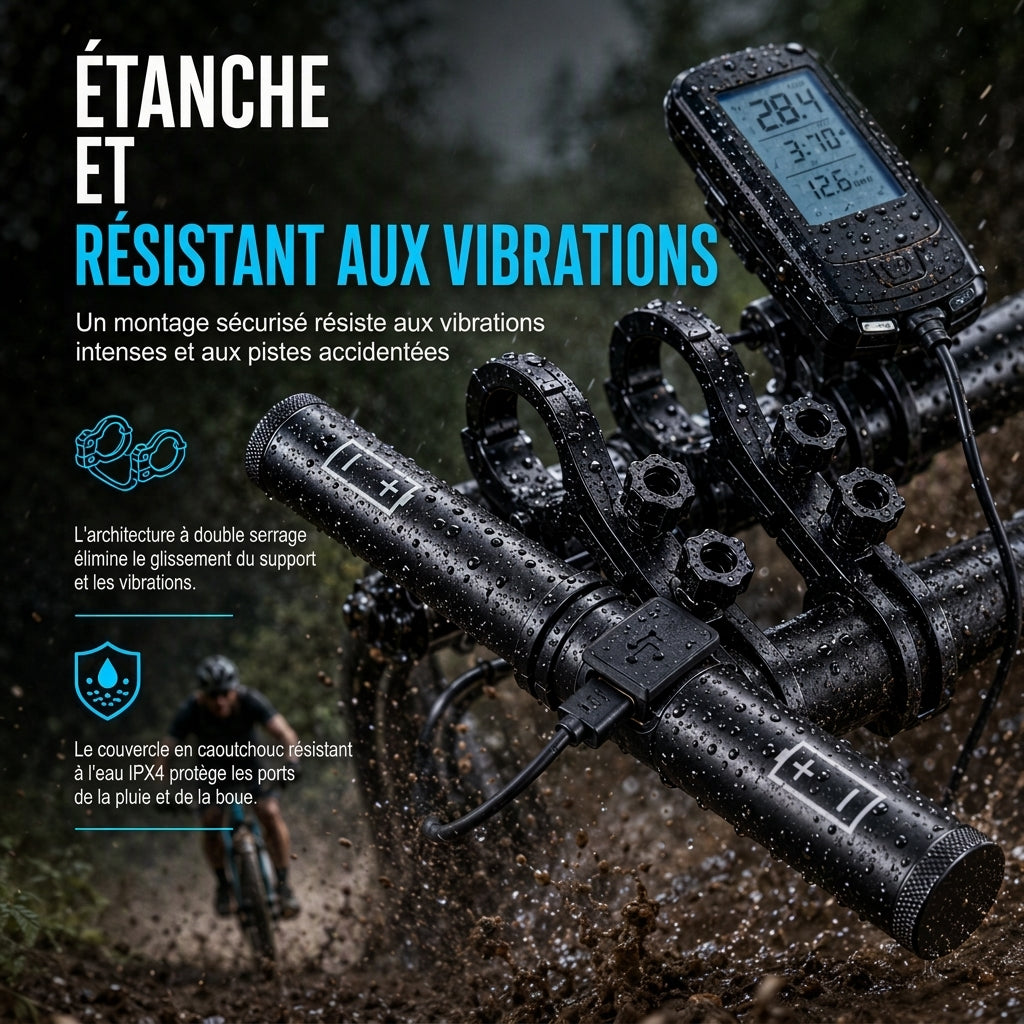 Support d'extension de guidon de vélo avec fonction de batterie externe USB et support de lampe de poche pour vélo
