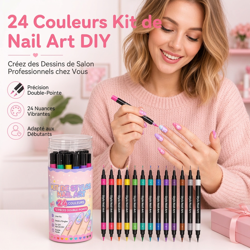 Ensemble de stylos de nail art double embout en 24 couleurs