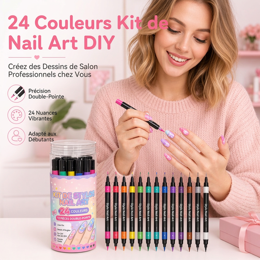 Ensemble de stylos de nail art double embout en 24 couleurs