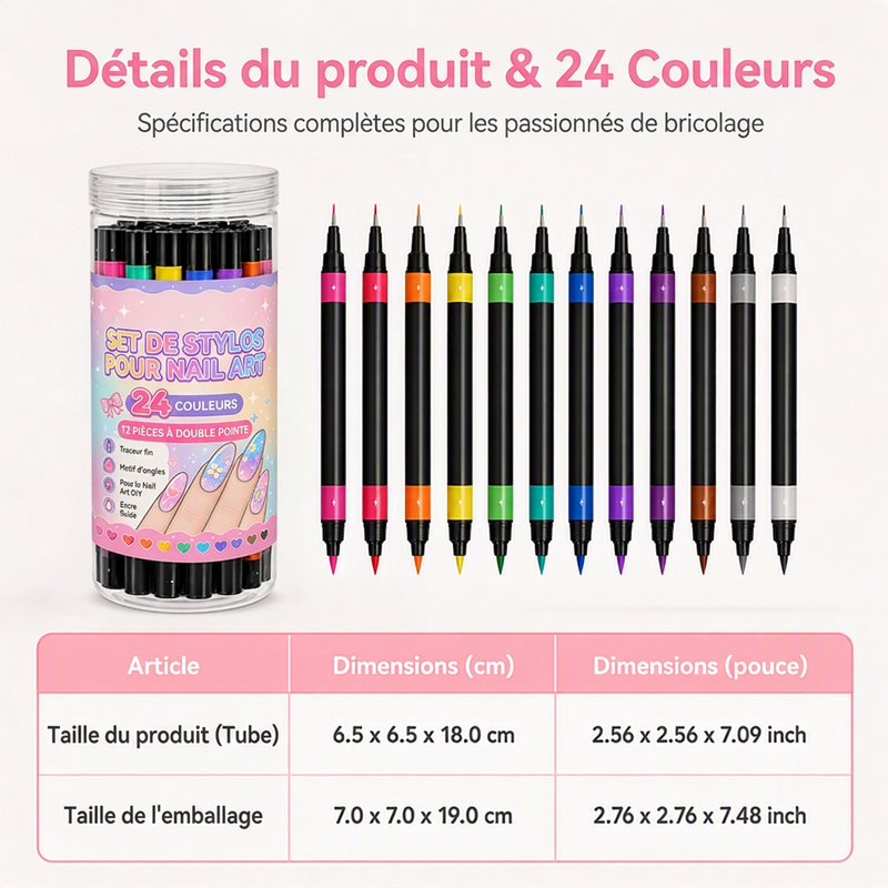 Ensemble de stylos de nail art double embout en 24 couleurs