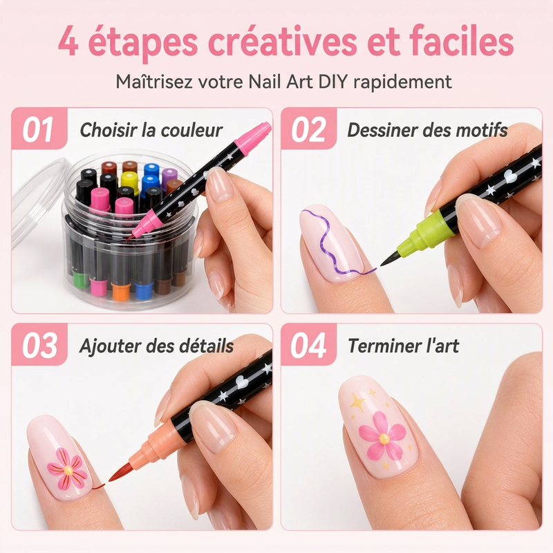 Ensemble de stylos de nail art double embout en 24 couleurs