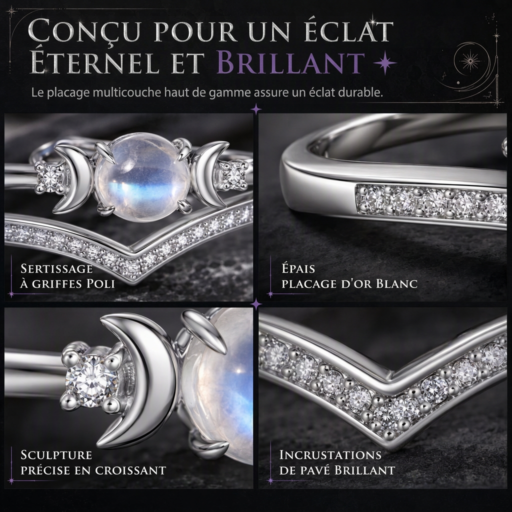 ✨Bague vintage gothique en pierre de lune croissant – finition platine, sertissage à griffes en forme de V, pavé brillant et confort ergonomique – élégance mystique pour tous les jours 💍
