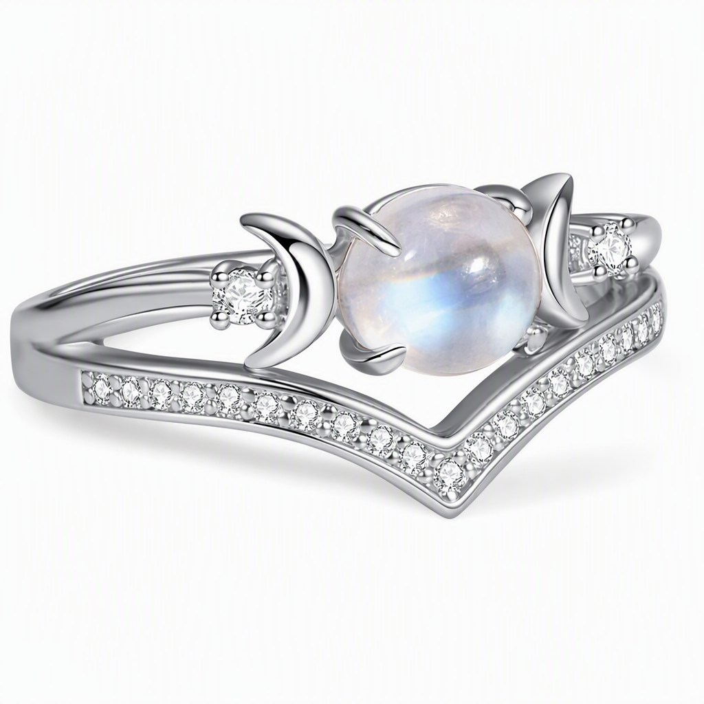 ✨Bague vintage gothique en pierre de lune croissant – finition platine, sertissage à griffes en forme de V, pavé brillant et confort ergonomique – élégance mystique pour tous les jours 💍